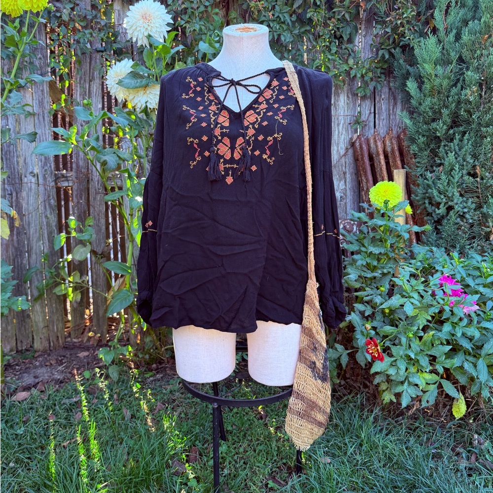 Bohemian Black Blouse with Orange Embroidery